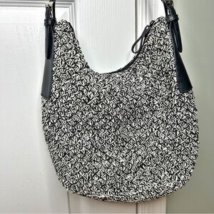 Nine West Black Cream Woven Texture Leather Strap Hobo Shoulder Bag Zip Closure